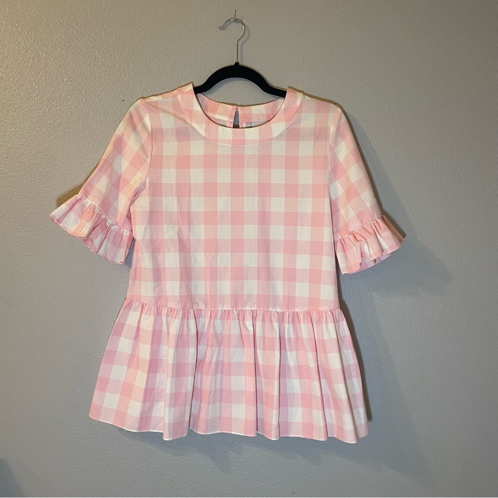 LaRoque Betty B top pink white gingham check peplum short sleeve Size Small. NWT